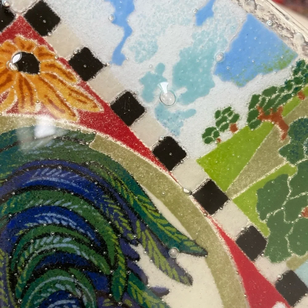 Peggy Karr rooster farmhouse fused glass plate 2000